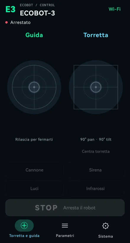 Schermata reale dell’app ECOBOT-3: guida e torretta affiancate, quattro azioni e pulsante STOP